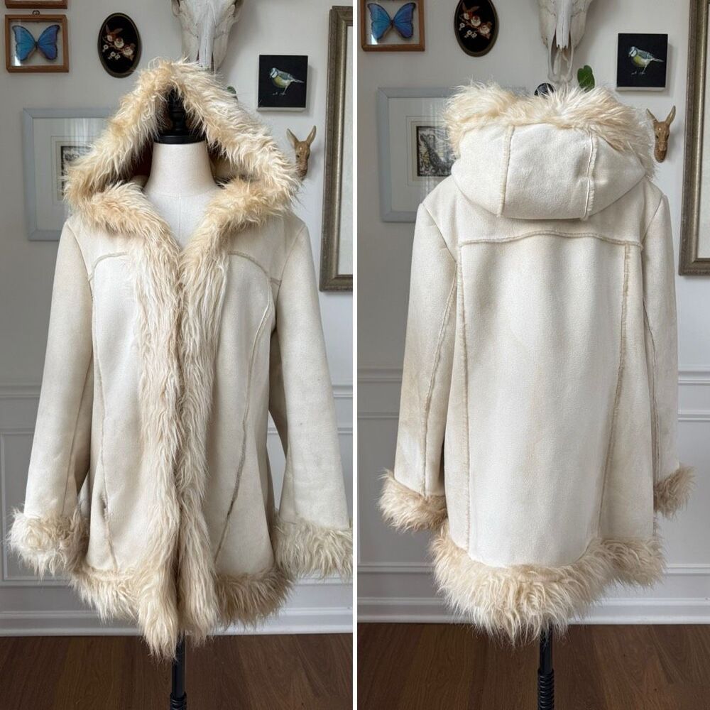 Vintage 90s does 70s Seventy Seven Penny Lane Afghan Faux Sherpa Coat Ivory M
